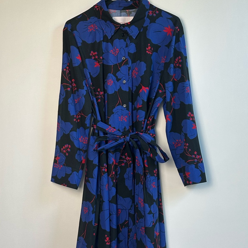 Carolina Herrera Fall 22 Black , Blue and Red/ Pink Floral Shirt Dress  14